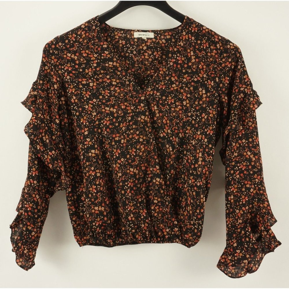 NWOT Max Studio Women XS Long Sleeve Black Floral Chiffon Ruffle Wrap V-Neck Top